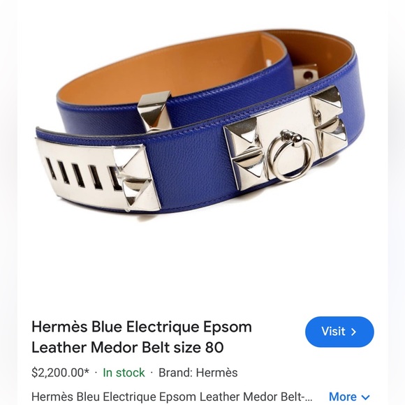 Hermes Blue Electrique Epsom Leather Medor Silver Belt Sz 85 Collier De Chien